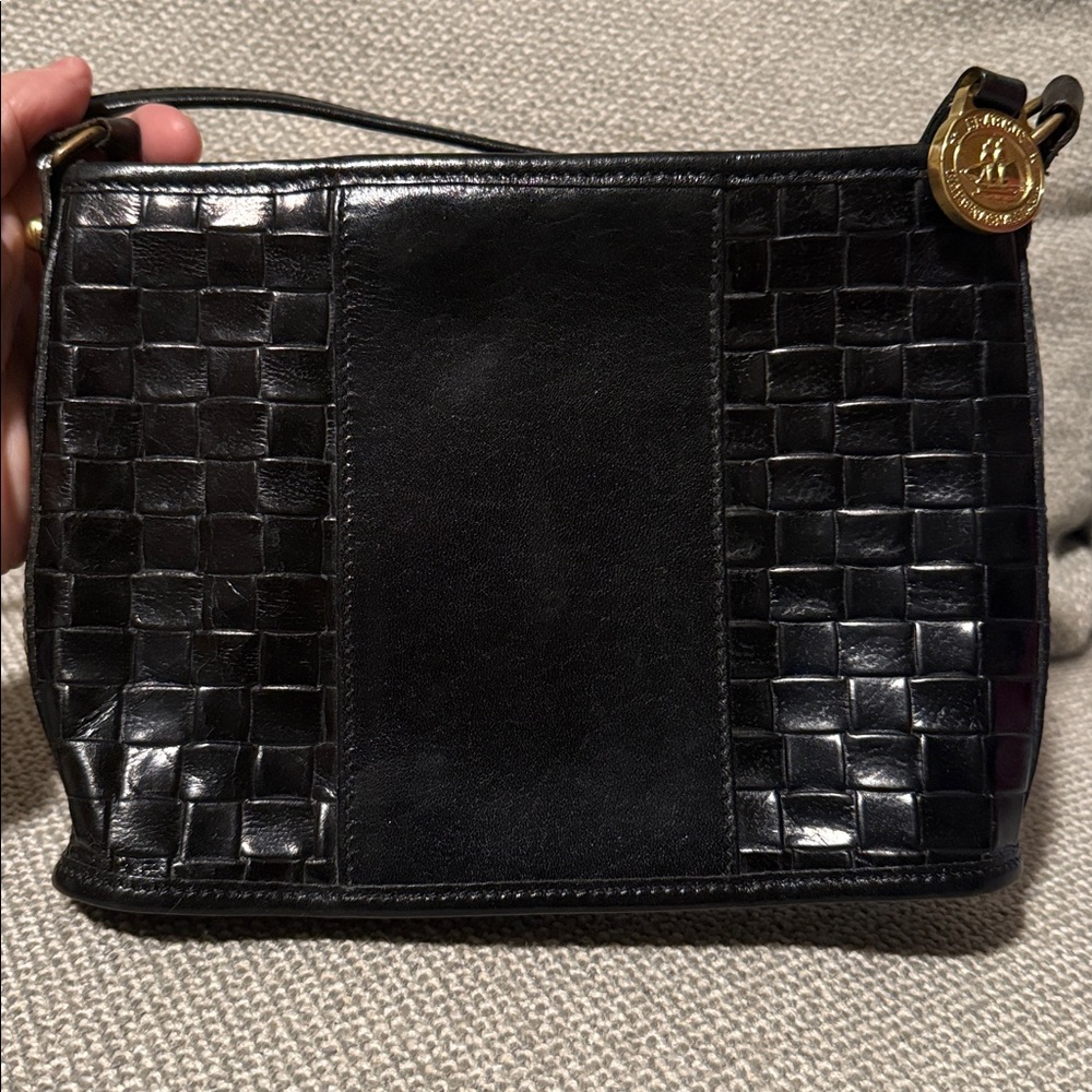 Brahmin Black Woven Leather Crossbody Bag with Gold Accent